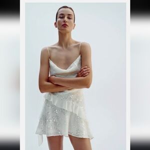 Zara sequin white ruffle mini dress Elegant White Sequin Dress . New